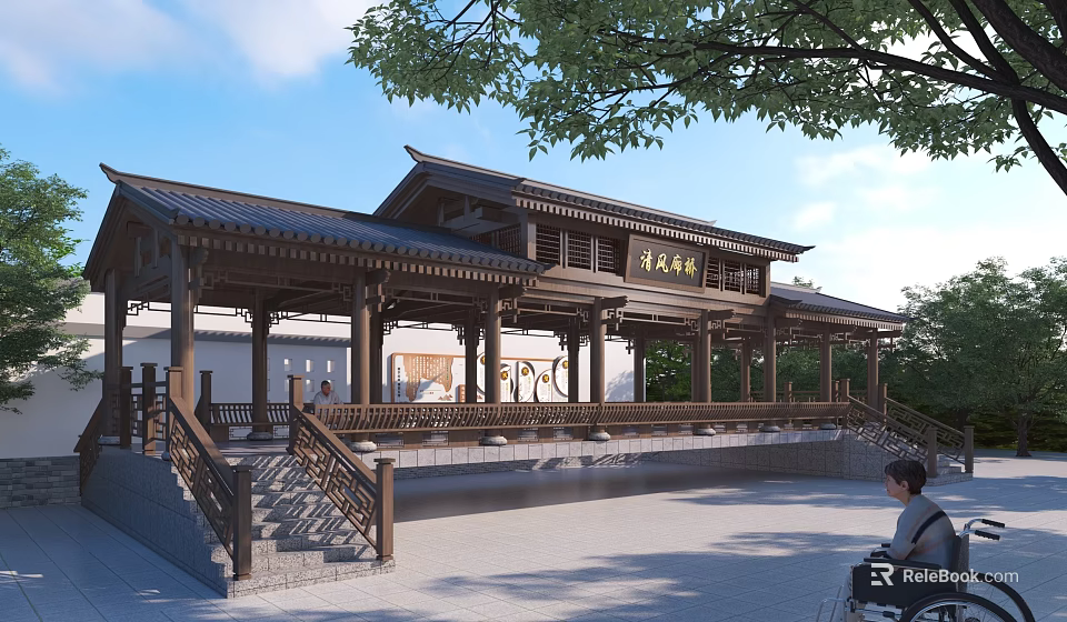 Classical Chinese Garden Landscape With Traditional Wooden Pavilion Black Tiled Roof Stone Steps And Trees 3d model 