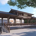 Classical Chinese Garden Landscape With Traditional Wooden Pavilion Black Tiled Roof Stone Steps And Trees