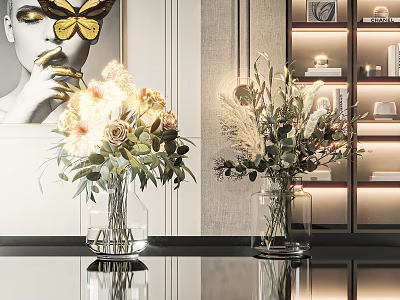 Transparent Glass Vases With Floral Arrangements On Sleek Countertop With Decorative Painting And Shelves 3d model