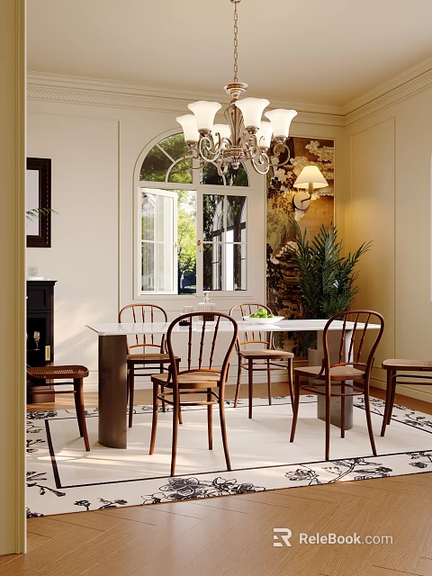 Cozy French Style Dining and Living Room With Elegant Vintage Wooden Chairs and Arched Window 3d model 