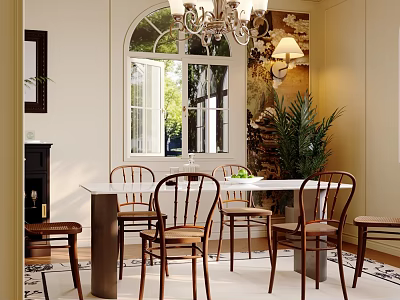 Cozy French Style Dining and Living Room With Elegant Vintage Wooden Chairs and Arched Window 3d model