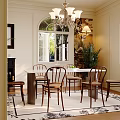 Cozy French Style Dining and Living Room With Elegant Vintage Wooden Chairs and Arched Window