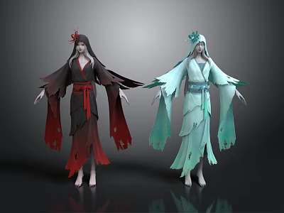 Two Women In Traditional Flowing Dresses With Black Red And Blue Green Hues 3d model