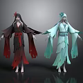 Two Women In Traditional Flowing Dresses With Black Red And Blue Green Hues