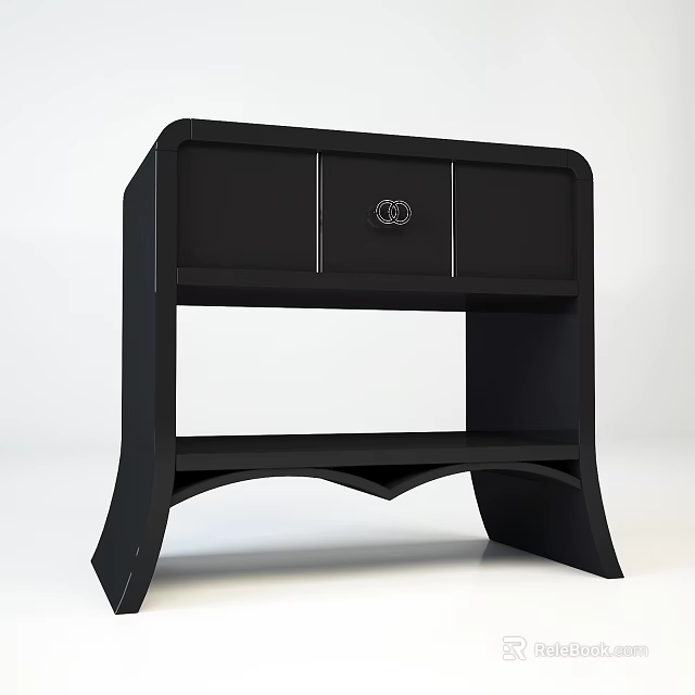 Black Modern Nightstand With Two Drawers Circular Handle And Curved Legs 3d model 