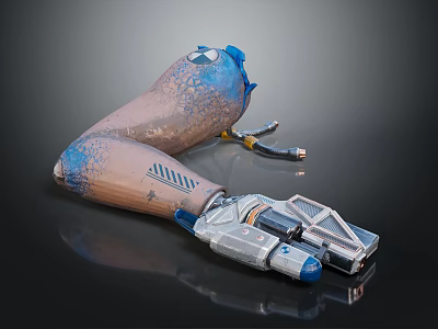 Futuristic Character Mechanical Prosthetic Arm With Brown Blue Design And Metallic Components 3d model