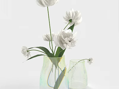 White Flowers in Iridescent Transparent Vase with Green Leaves and Small Vase 3d model