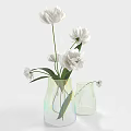 White Flowers in Iridescent Transparent Vase with Green Leaves and Small Vase