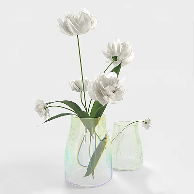 White Flowers in Iridescent Transparent Vase with Green Leaves and Small Vase 3d model