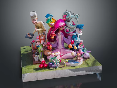 Game and Movie Characters in Fantasy Scene with Colorful Hair Small Creatures and Props 3d model