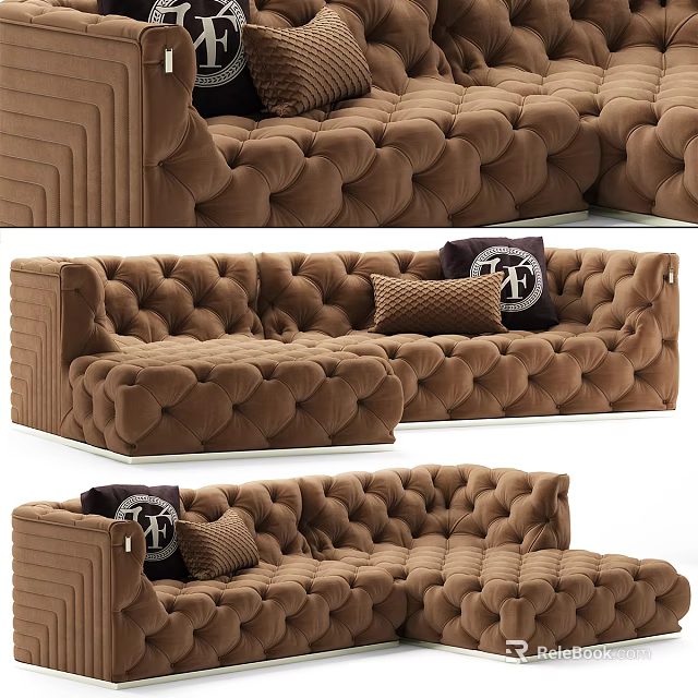Luxury Brown Tufted Velvet Sectional Sofa With Modern Decorative Pillows 3d model 