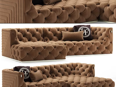 Luxury Brown Tufted Velvet Sectional Sofa With Modern Decorative Pillows 3d model