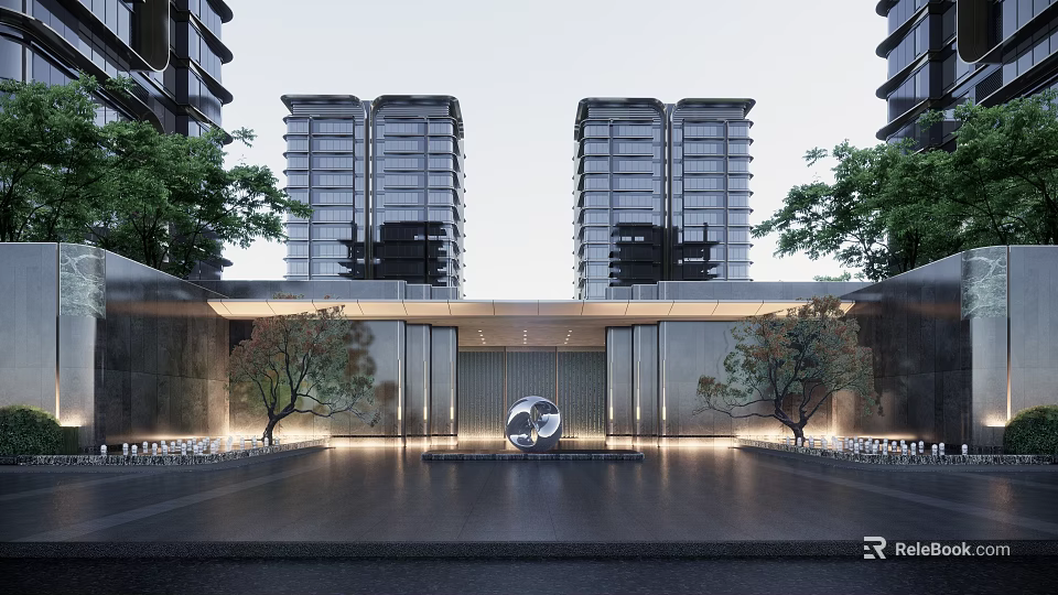 Modern Residential Landscape With High Rise Buildings Entrance Circular Ornament Trees And Lighting 3d model 