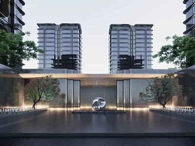 Modern Residential Landscape With High Rise Buildings Entrance Circular Ornament Trees And Lighting 3d model