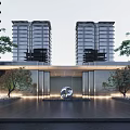Modern Residential Landscape With High Rise Buildings Entrance Circular Ornament Trees And Lighting