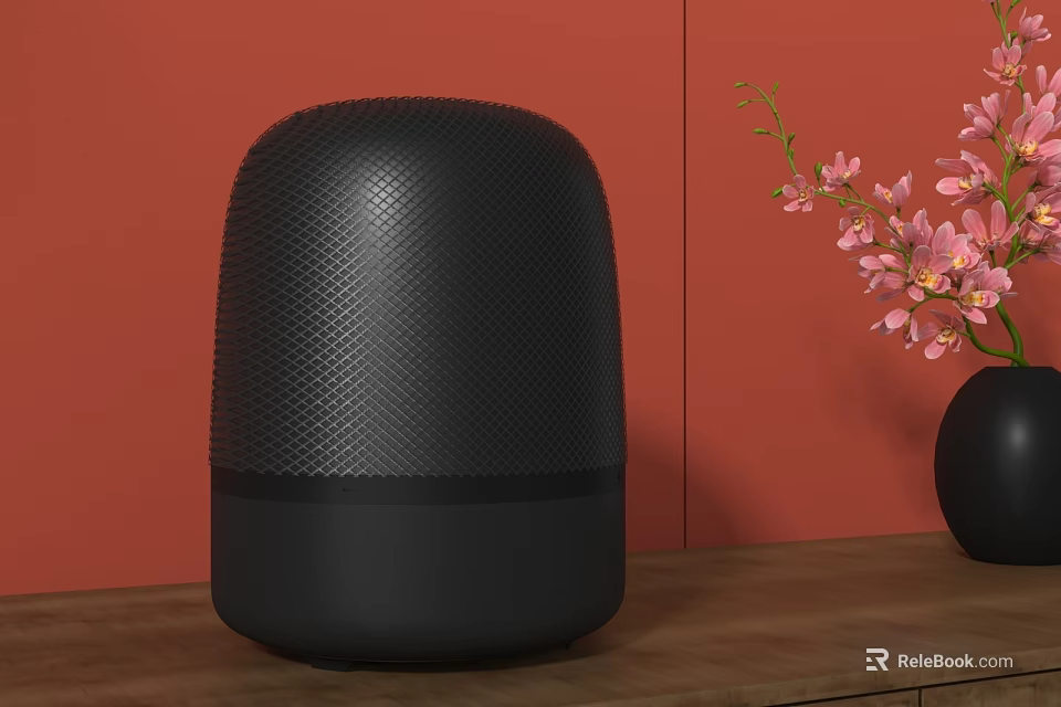 Black Wireless Speaker on Wooden Table with Orange Wall and Black Vase with Pink Flowers 3d model 