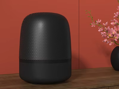 Black Wireless Speaker on Wooden Table with Orange Wall and Black Vase with Pink Flowers 3d model