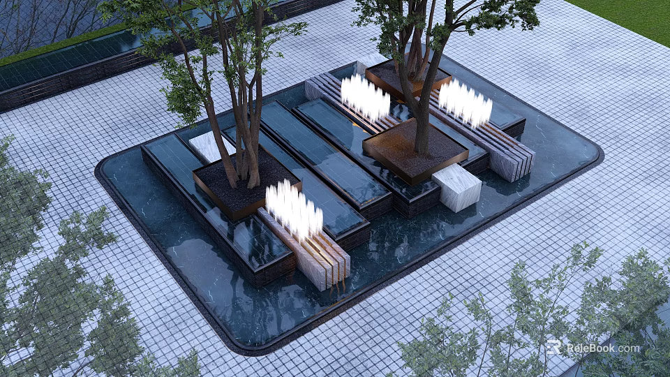 Elegant Garden Ornaments With Trees Water Ponds Lighting Fixtures And Paved Ground 3d model 