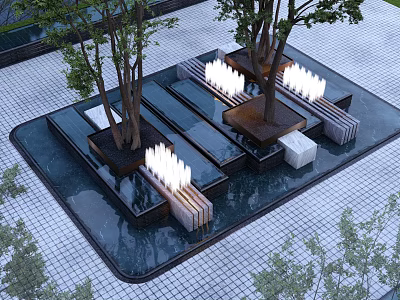 Elegant Garden Ornaments With Trees Water Ponds Lighting Fixtures And Paved Ground 3d model