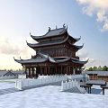 Ancient Chinese Pavilion Architecture with Multi Tiered Eaves Wooden Structure Stone Steps and Paved Square
