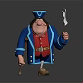 Cartoon Pirate Game Character Wearing Blue Coat Red Vest With Walking Cane And White Flag
