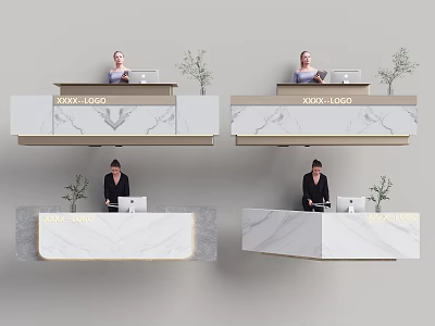 Modern Reception Desk Design With Marble Countertop Potted Plants And Your Logo 3d model