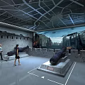 People Viewing Cannons In Industrial Interior With Large Urban Landscape Background