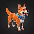 Cute Cartoon Dog With Orange White Fur And Blue Collar Standing Against Black Background