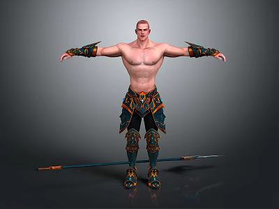 Shirtless Muscular Man With Arms Outstretched In Ornate Pants And Boots Holding Spear 3d model