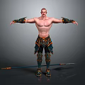 Shirtless Muscular Man With Arms Outstretched In Ornate Pants And Boots Holding Spear