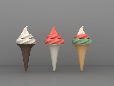 Colorful Ice Cream Cones With White Pink Green Swirls On Gray Background 3d model