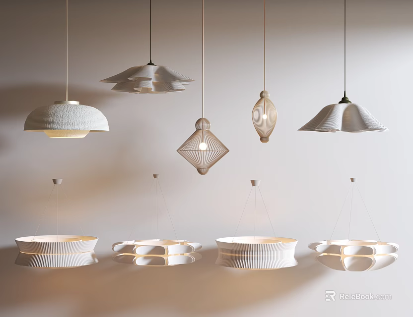 Various Stylish Pendant Lights With Unique Shapes And Textured Shades For Interior Decor 3d model 