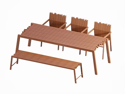 Modern Wooden Dining Table Set With Rattan Chairs And Bench Design 3d model