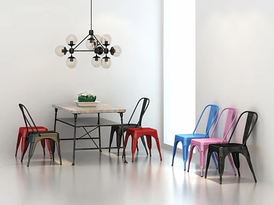 Bright Restaurant Dining Area With White Table Colorful Chairs And Black Chandelier 3d model