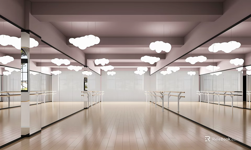 Spacious Indoor Fitness Studio With Mirrors Wooden Floors Cloud Chandeliers And White Training Bars 3d model 