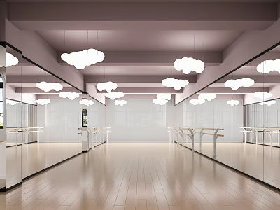 Spacious Indoor Fitness Studio With Mirrors Wooden Floors Cloud Chandeliers And White Training Bars 3d model