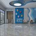 Modern Swimming Center Reception Area With Blue White Design Marble Floor And Swimming Posters