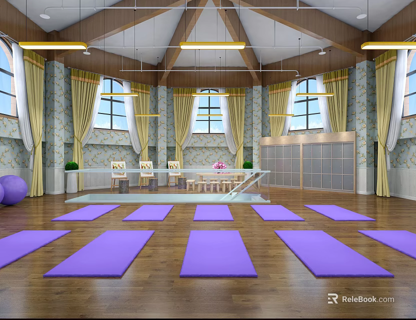 Indoor Yoga Fitness Studio With Purple Mats Wooden Floor And Stone Walls 3d model 