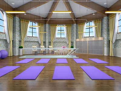 Indoor Yoga Fitness Studio With Purple Mats Wooden Floor And Stone Walls 3d model