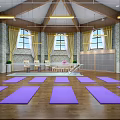 Indoor Yoga Fitness Studio With Purple Mats Wooden Floor And Stone Walls