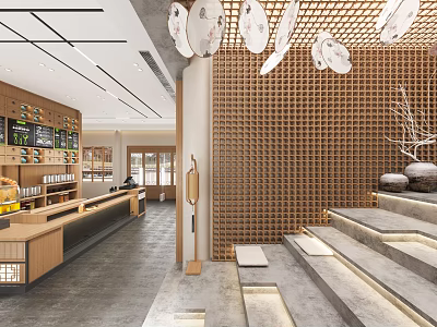 Modern Japanese Style Interior With Wooden Lattice Wall Hanging White Circular Decor And Counter 3d model