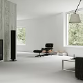 Modern Living Room Interior With White Walls Wooden Wall Black Sofa Brown Lounge Chair And Floor Lamp