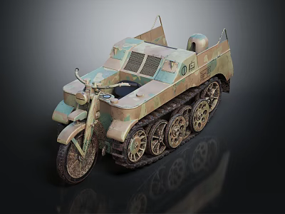 Vintage Military Tracked Motorcycle With Camouflage Paint And Multiple Wheels 3d model