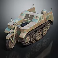 Vintage Military Tracked Motorcycle With Camouflage Paint And Multiple Wheels