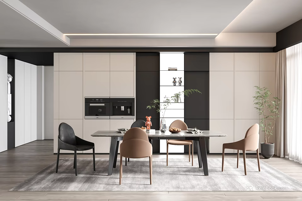 Modern Restaurant Interior With Dining Table Chairs Light Cabinets And Plants 3d model 