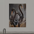 Black Swan Animal Painting Featuring Two Swans in Water with Detailed Feathers