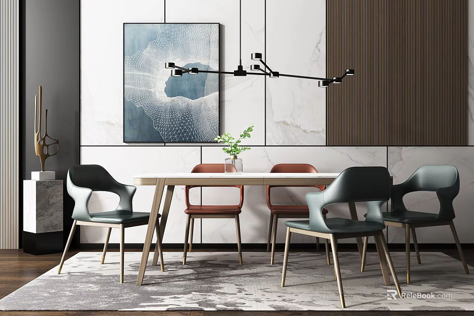 Modern Dining Table Set With Multi Colored Chairs Pendant Light And Wall Art Decor 3d model