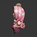 3D Female Bust Sculpture With Pink Long Hair Heart Headpiece Red Outfit And Curved Patterns