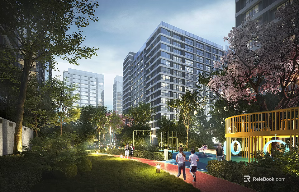 Modern High Rise Residential Building With Green Surroundings Trees Lawns And Children's Playground 3d model 