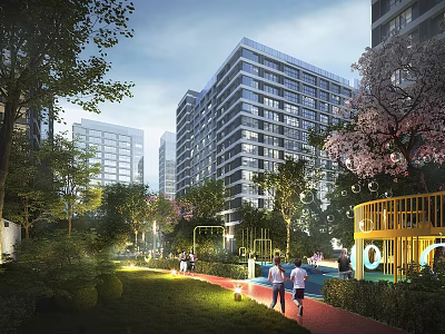 Modern High Rise Residential Building With Green Surroundings Trees Lawns And Children's Playground 3d model